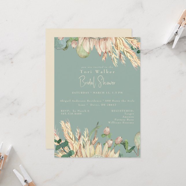 Boho Pampas Sage Bridal Shower Invitation (Front/Back In Situ)