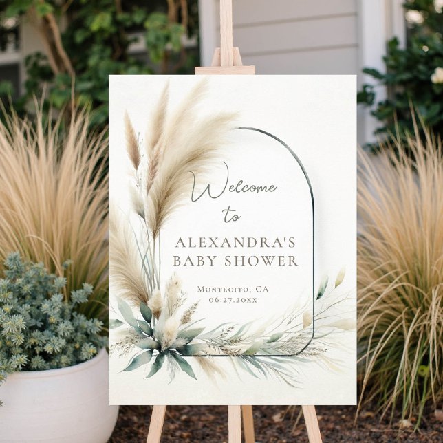 Boho Pampas Sage Green Baby Shower Welcome Sign (baby shower welcome sign pampas grass greenery boho chic)