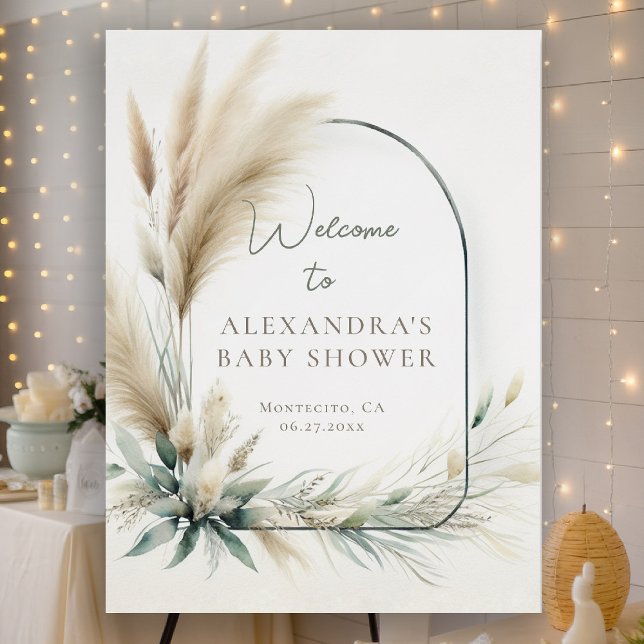 Boho Pampas Sage Green Baby Shower Welcome Sign (boho baby shower welcome sign pampas greenery watercolor sage green beige neutral foam board)