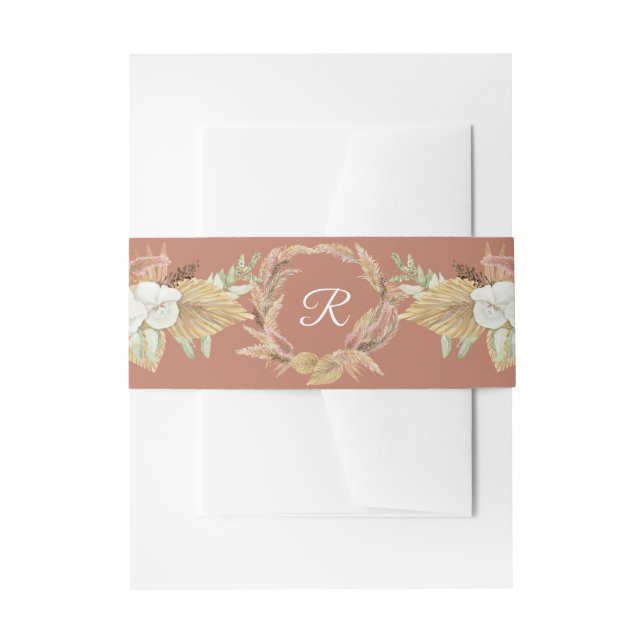 BOHO Pampas Terracotta Blush Floral Fan Palms Invitation Belly Band (Front Example)