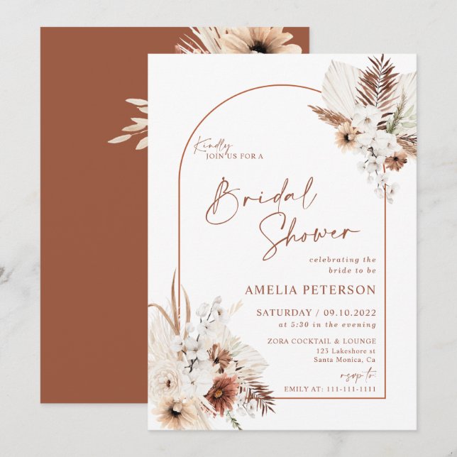 Boho Pampas Terracotta Bridal Shower Invitation (Front/Back)