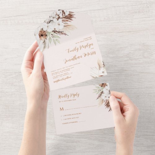 boho pampas terracotta fall wedding floral all in one invitation