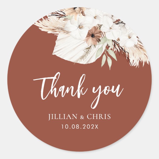 boho pampas terracotta floral wedding classic roun round sticker (Front)
