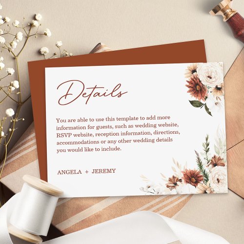 Boho Pampas Terracotta Floral Wedding Details Enclosure Card