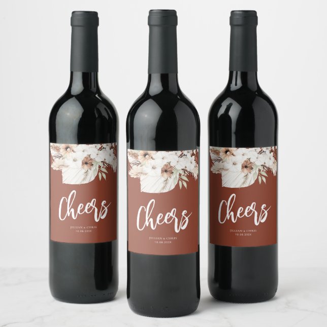 boho pampas terracotta floral wedding wine label (Bottles)