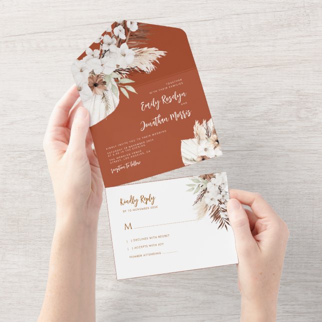 boho pampas terracotta wedding all in one invitation (Tearaway)