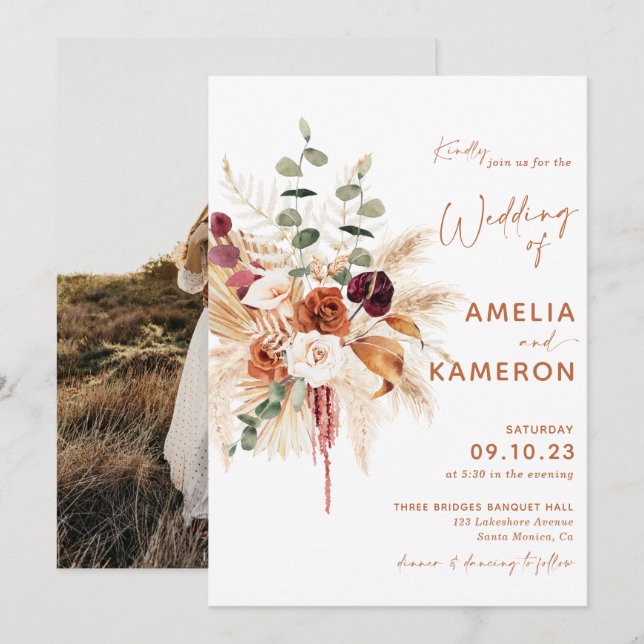 Boho Pampas Terracotta Wedding Invitation MEDINA (Front/Back)