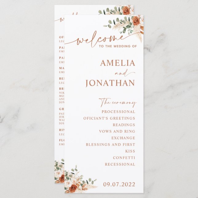 Boho Pampas Terracotta Wedding Program Card LEYLA (Front/Back)