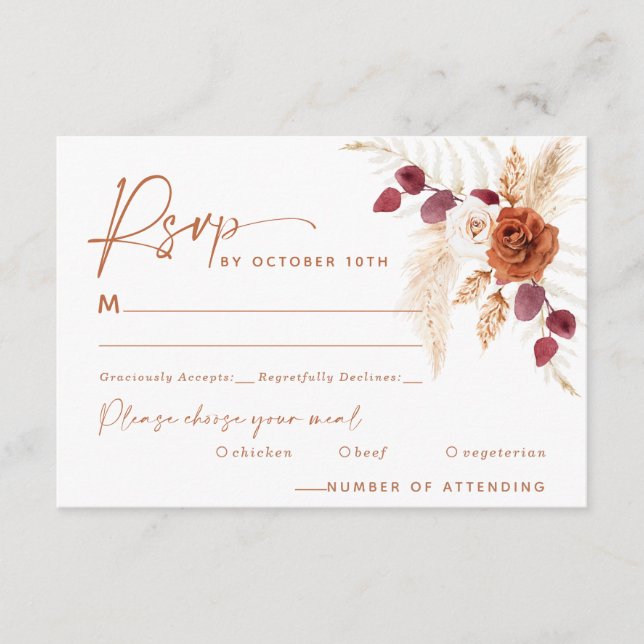 Boho Pampas Terracotta Wedding RSVP Card  (Front)
