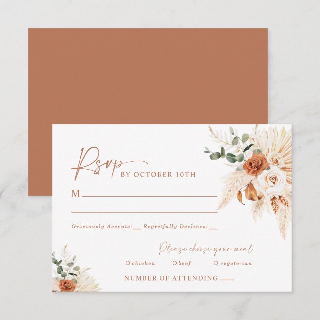 Boho Pampas Terracotta Wedding RSVP Card LEYLA (Front/Back)