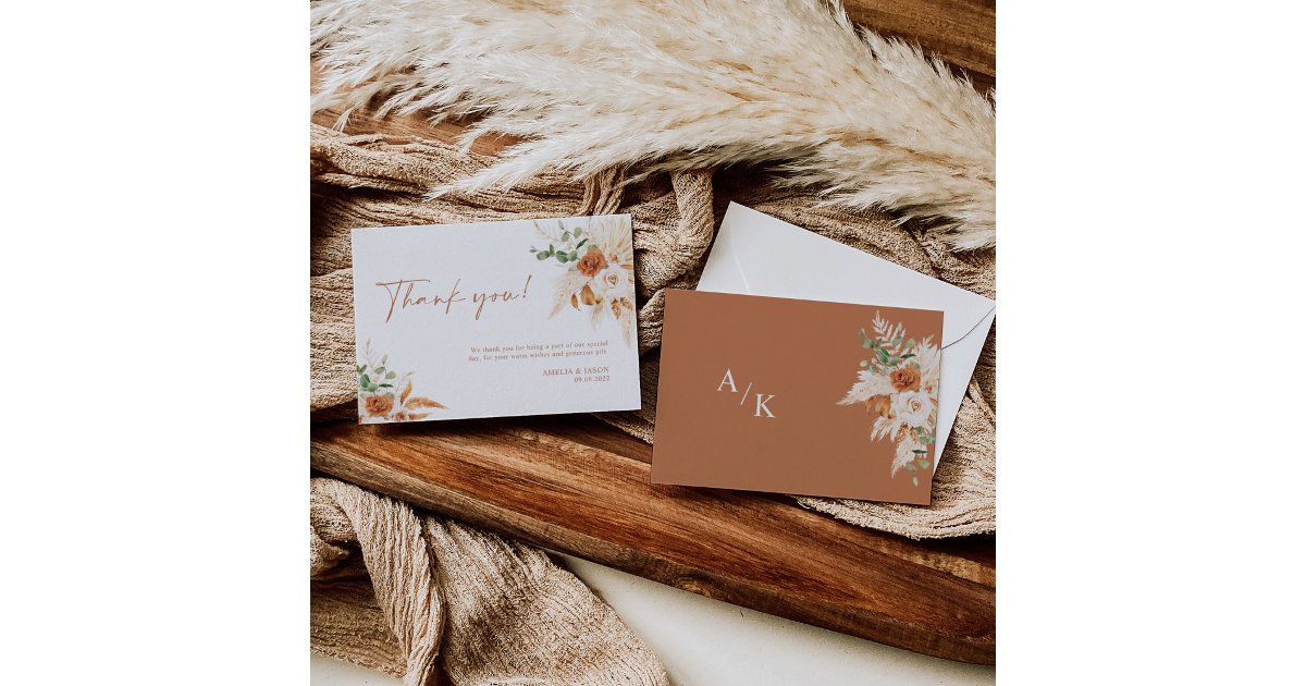 Boho Pampas Terracotta Wedding Thank You Card | Zazzle