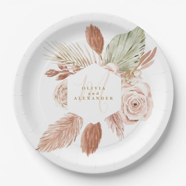 Boho Pampas Tropical Dried Flowers Paper Plates (Front)