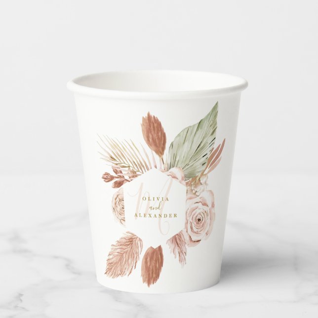 Boho Pampas Tropical Dried Flowers Wedding Paper Cups (Front)