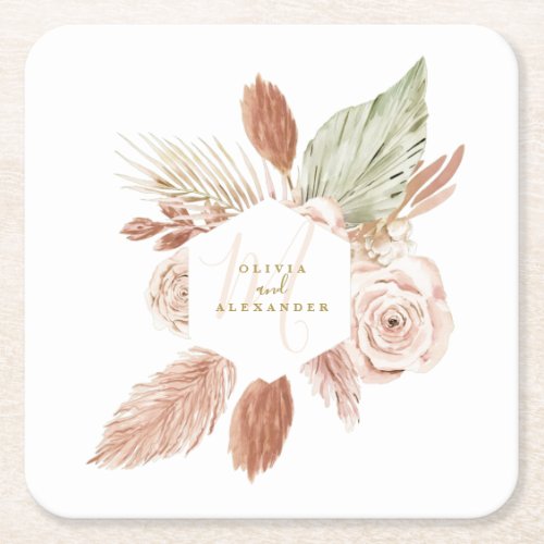 Boho Pampas Tropical Dried Flowers Wedding Square Paper Coaster