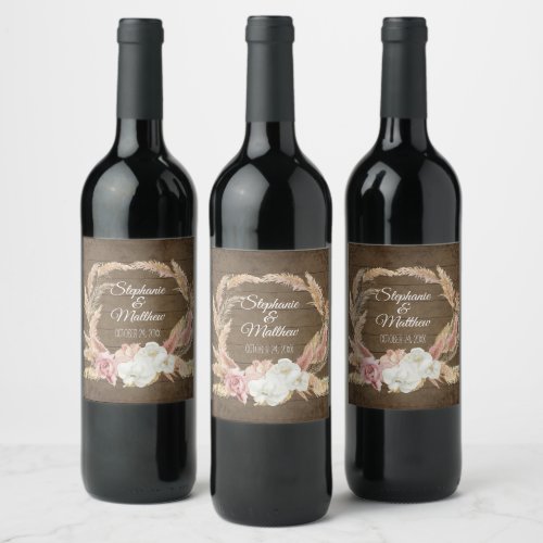 Boho Pampas Watercolor Floral Rustic Wood Wedding Wine Label