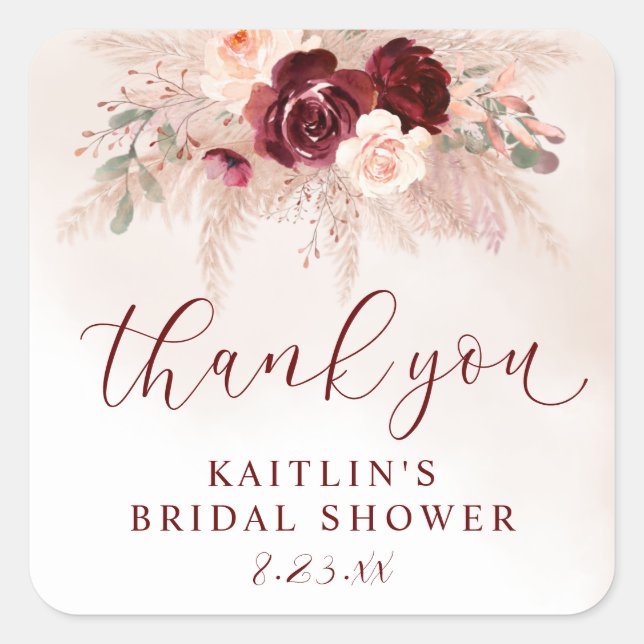 Boho Pampas Wedding Bridal Shower Burgundy Roses Square Sticker (Front)