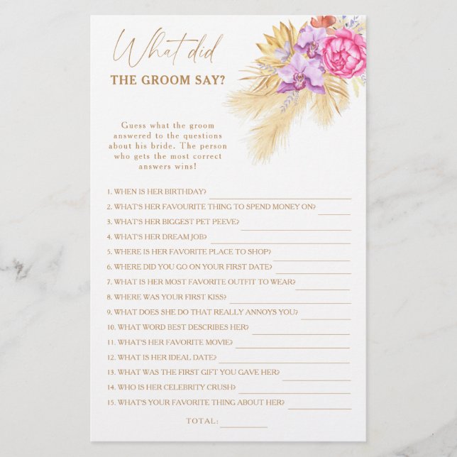 Boho pampas - What did the groom say bridal game (Front)