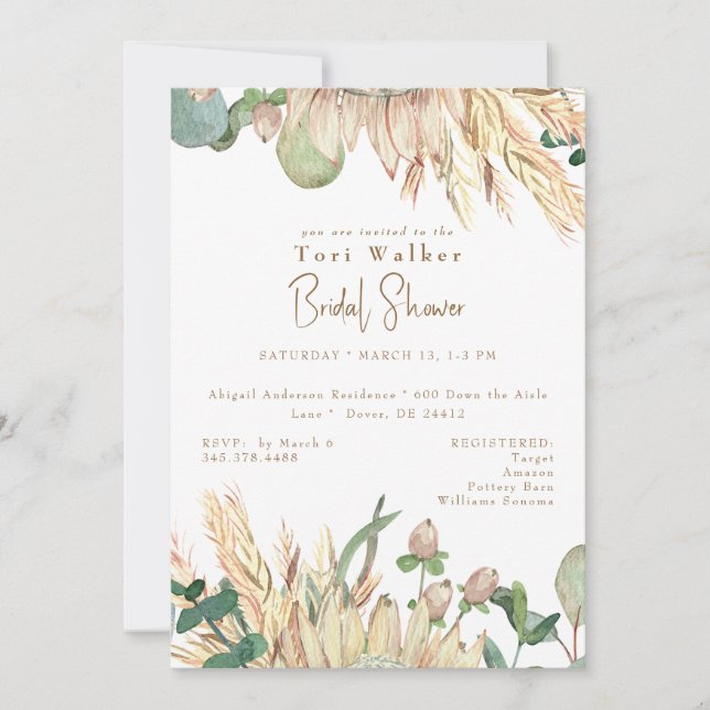Boho Pampas White Bridal Shower Invitation (Front)