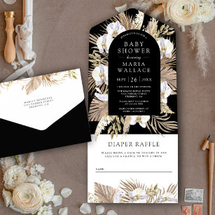 Boho Pampas White Orchid Black Baby Shower All In One Invitation