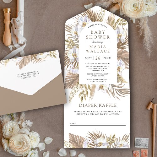 Boho Pampas White Orchid Dried Palm Baby Shower All In One Invitation