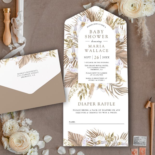 Boho Pampas White Orchid Dried Palm Baby Shower All In One Invitation (Creator Uploaded)
