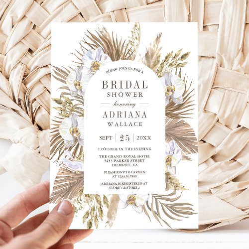 Boho Pampas White Orchid Dried Palm Bridal Shower Invitation