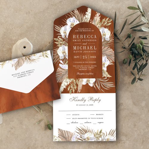 Boho Pampas White Orchid Dried Palm Earthy Wedding All In One Invitation