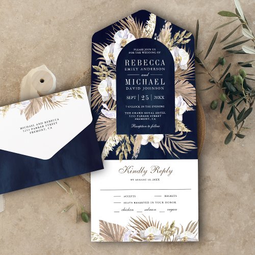 Boho Pampas White Orchid Dried Palm Navy Wedding All In One Invitation