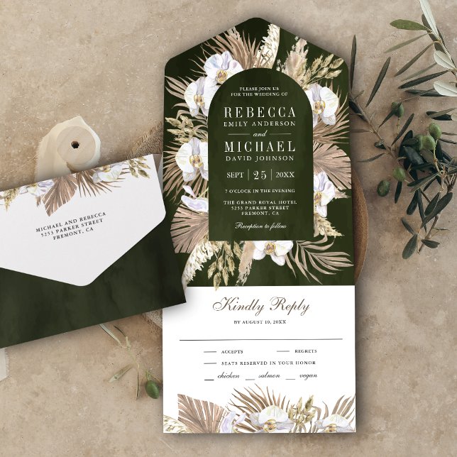 Boho Pampas White Orchid Dried Palm Sage Wedding All In One Invitation (Creator Uploaded)