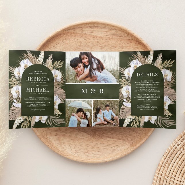 Boho Pampas White Orchid Dried Palm Sage Wedding Tri-Fold Invitation