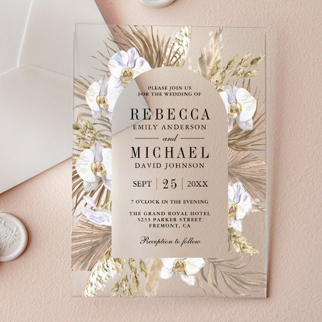 Boho Pampas White Orchid Dried Palm Wedding Acrylic Invitations (Creator Uploaded)