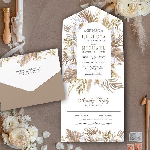 Boho Pampas White Orchid Dried Palm Wedding All In One Invitation