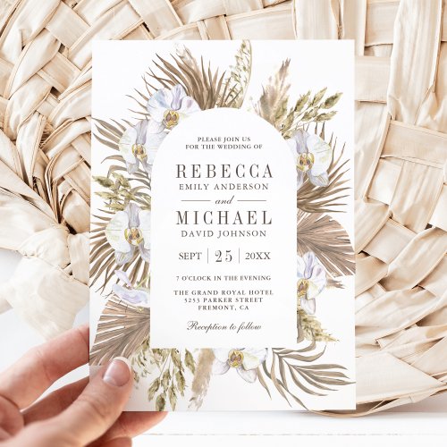 Boho Pampas White Orchid Dried Palm Wedding Invitation