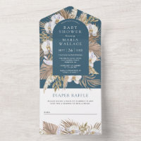 Boho Pampas White Orchid Dusty Blue Baby Shower All In One Invitation