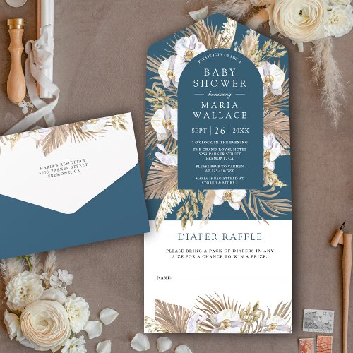 Boho Pampas White Orchid Dusty Blue Baby Shower All In One Invitation