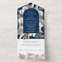 Boho Pampas White Orchid Navy Blue Baby Shower All In One Invitation