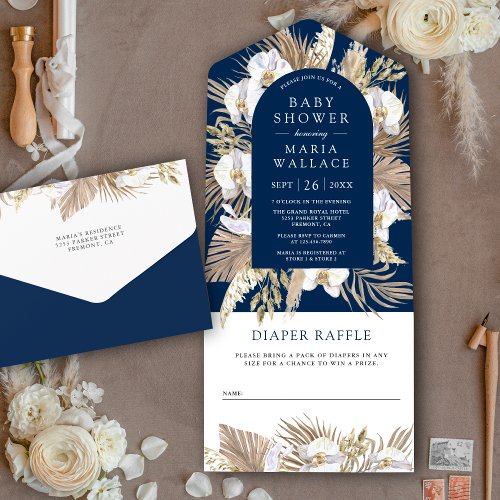 Boho Pampas White Orchid Navy Blue Baby Shower All In One Invitation