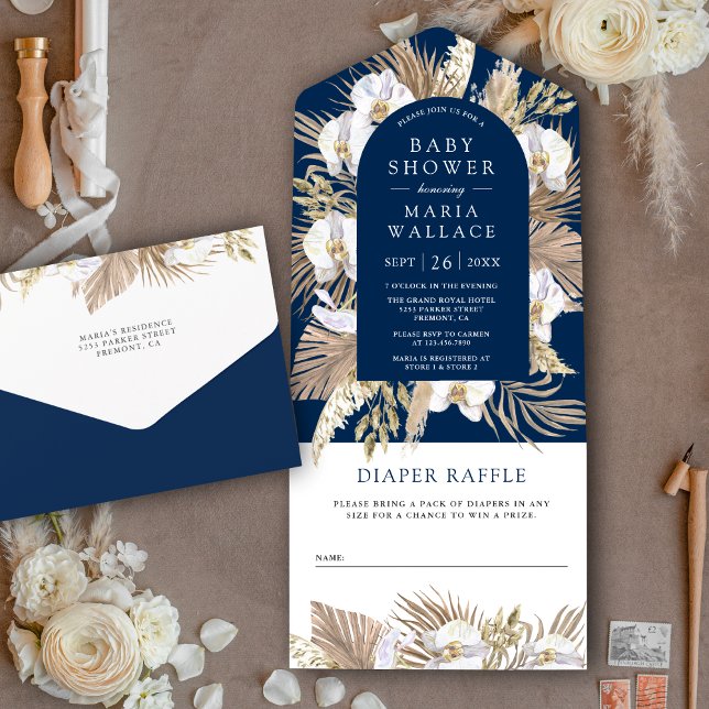 Boho Pampas White Orchid Navy Blue Baby Shower All In One Invitation (Creator Uploaded)
