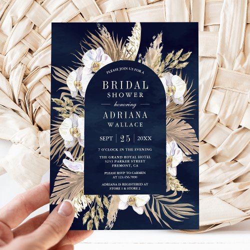 Boho Pampas White Orchid Navy Blue Bridal Shower Invitation