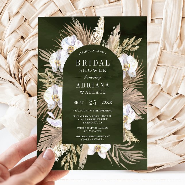 Boho Pampas White Orchid Olive Green Bridal Shower Invitation (Creator Uploaded)