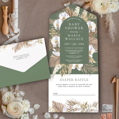 Boho Pampas White Orchid Sage Green Baby Shower All In One Invitation