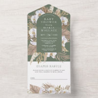 Boho Pampas White Orchid Sage Green Baby Shower All In One Invitation