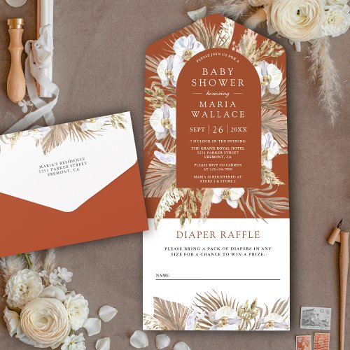 Boho Pampas White Orchid Terracotta Baby Shower All In One Invitation