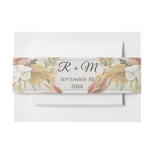 BOHO Pampas White Pink Floral Fan Palm Rustic Wood Invitation Belly Band