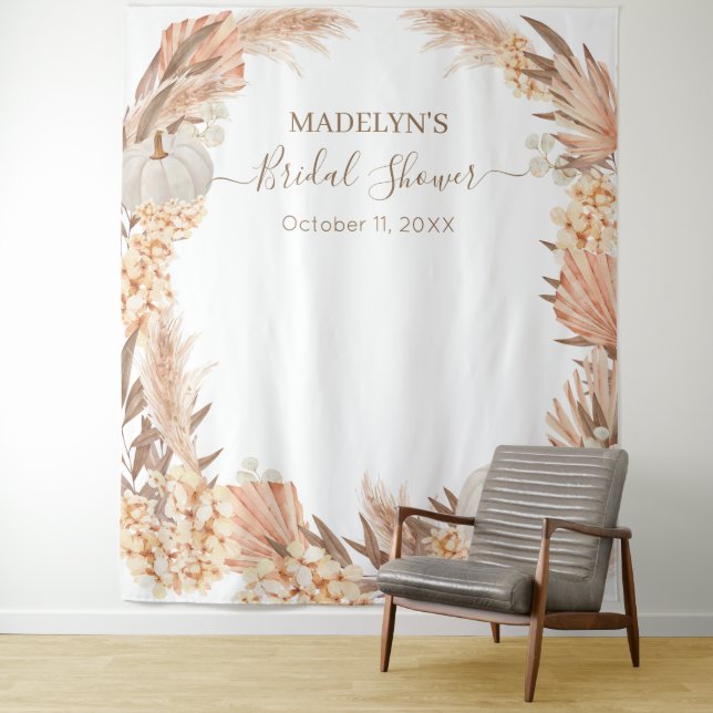 Boho Pampas white Pumpkin Bridal Shower banner Tapestry (In Situ)