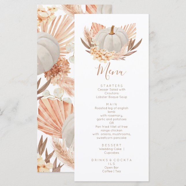 Boho Pampas white Pumpkin fall Menu (Front/Back)