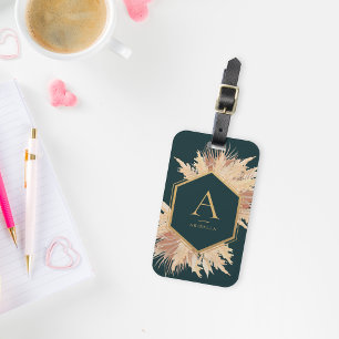 Boho Pampas with Gold Frame Monogram Luggage Tag