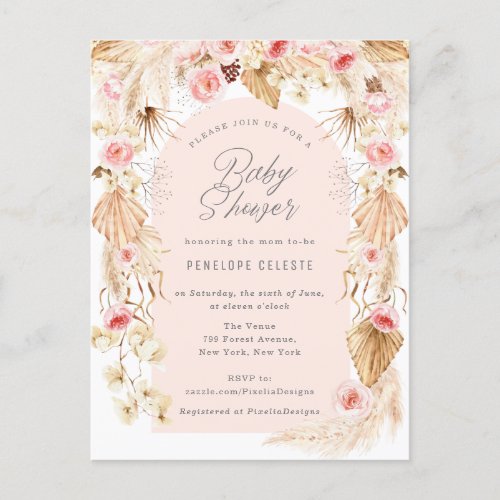 boho pampas with pink floral arch baby shower invi invitation postcard