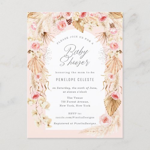 boho pampas with pink floral arch baby shower invitation postcard