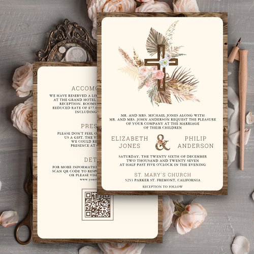 Boho Pampas Wood Cross All in One Catholic Wedding Invitation